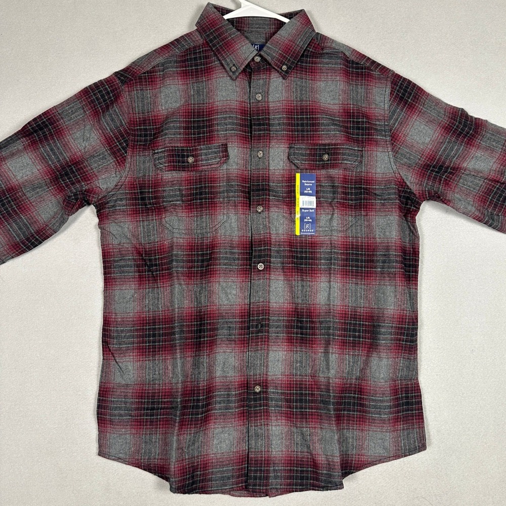 NEW George Shirt Mens Large Flannel Burgundy Grey Plaid Button-Down Long Sleeve